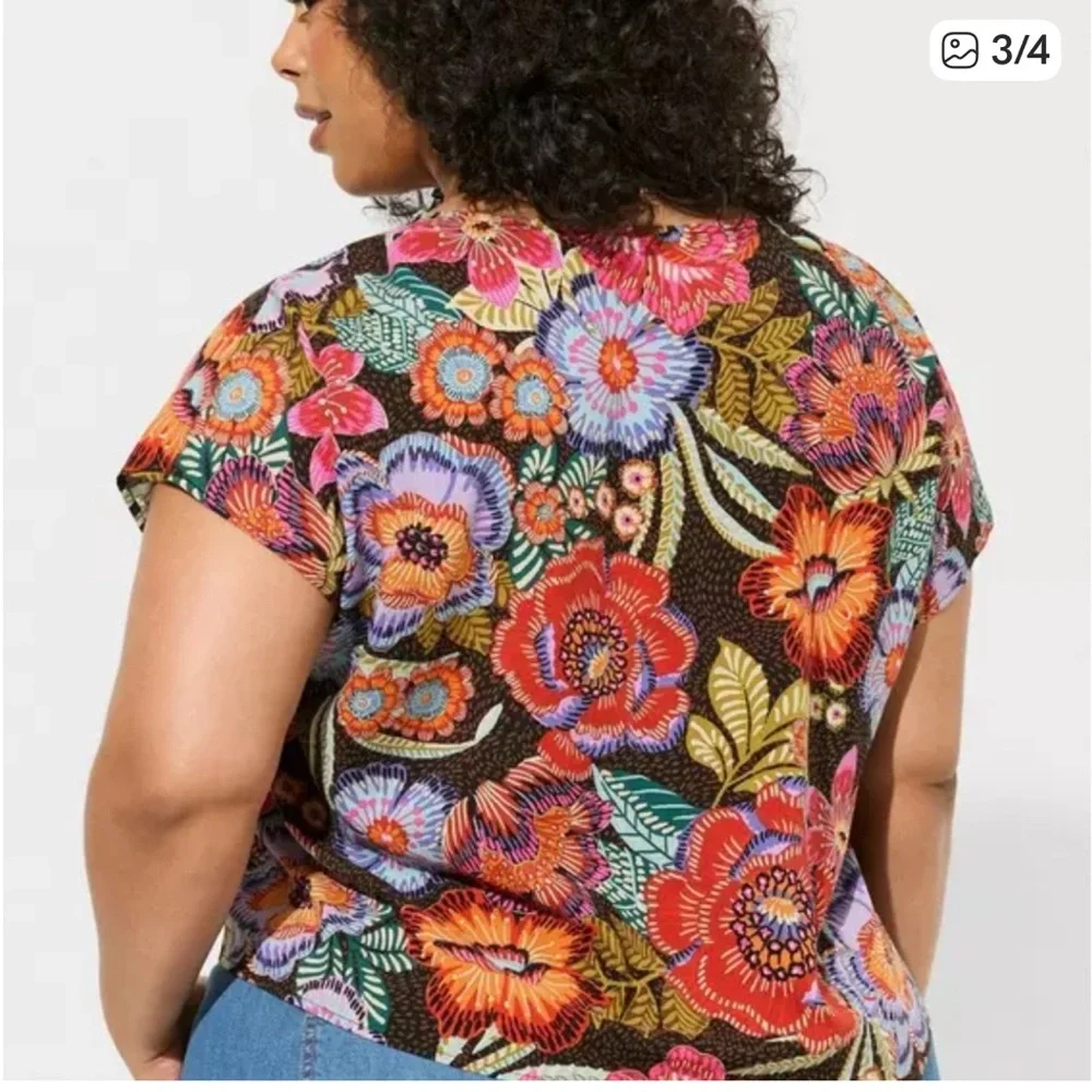 Torrid Tie-Front Capped Sleeve Multicolored Floral Print Button Up Blouse Size3X - Picture 3 of 14